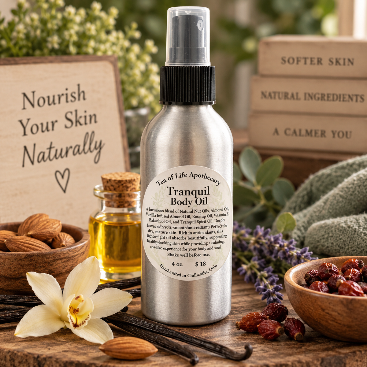 Tranquil Body Oil by Tea of Life Apothecary, a nourishing natural body oil featuring kukui nut oil, almond oil, vanilla-infused almond oil, rosehip oil, vitamin E, bakuchiol and essential oils. Handcrafted in Chillicothe, Ohio, this moisturizing botanical body oil helps soften and nourish dry, mature and crepey-looking skin.