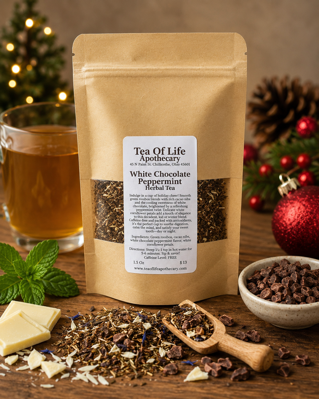 Tea of Life Apothecary White Chocolate Peppermint Herbal Tea displayed with green rooibos, cacao nibs, white chocolate pieces, fresh peppermint leaves, and a steaming cup of herbal tea on a rustic wooden table, creating a cozy holiday-inspired scene.