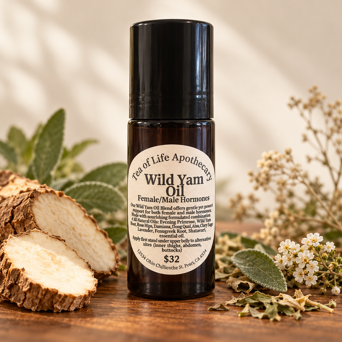 Tea of Life Apothecary Wild Yam Oil topical blend in an amber bottle, styled with botanical accents on a warm wood surface.