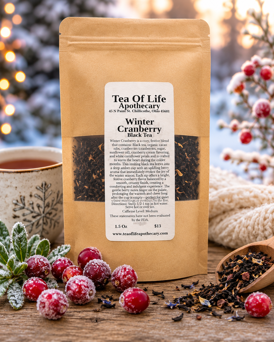 Tea of Life Apothecary Winter Cranberry Black Tea in a kraft pouch with frosted cranberries on a rustic wooden table and a softly blurred snowy winter background. A festive loose-leaf black tea featuring cranberries, cacao nibs, and a smooth cranberry cream flavor.