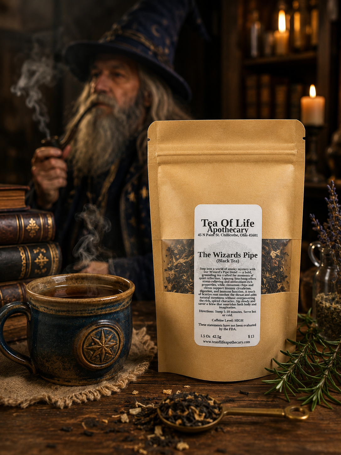 A stand-up pouch of Tea Of Life Apothecary 'The Wizards Pipe' black tea stands on a rustic wooden table, with a blue ceramic mug, loose tea, and rosemary in the foreground. A wizard character is visible in a dimly lit library background.