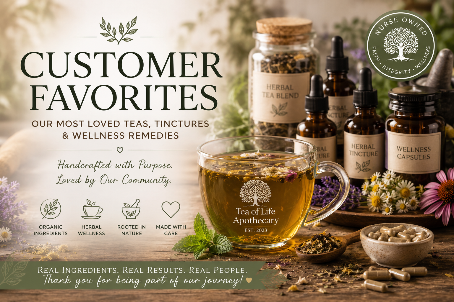 Customer Favorites collection featuring best-selling herbal teas, tinctures, capsules, and natural wellness remedies including organic herbal blends for digestion, respiratory support, immunity, stress relief, and sleep.