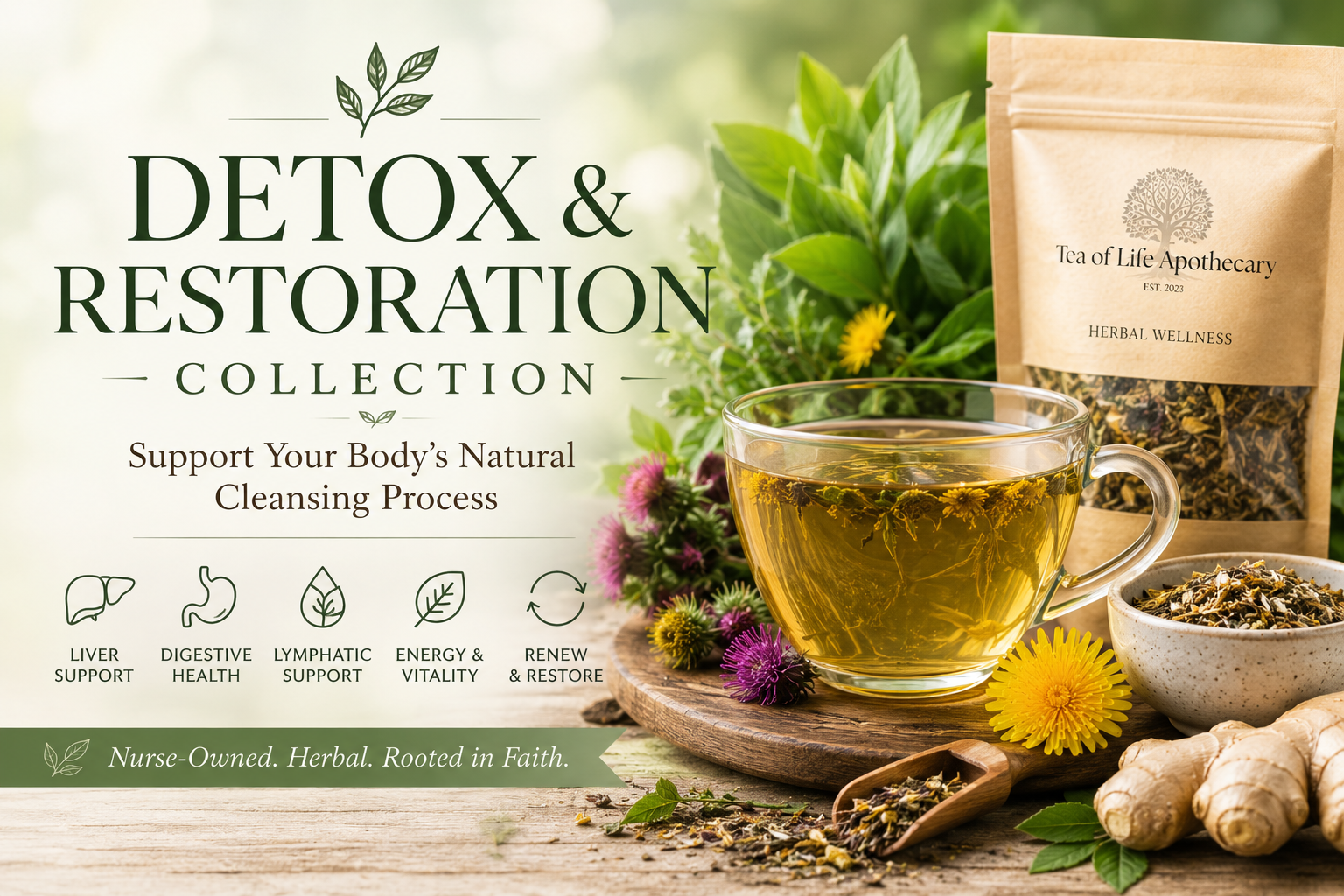 Detox and Restoration herbal tea collection organic wellness tea, dandelion, burdock, ginger, and cleansing herbs designed to support liver health, digestion, lymphatic function, natural detoxification, and overall wellness.