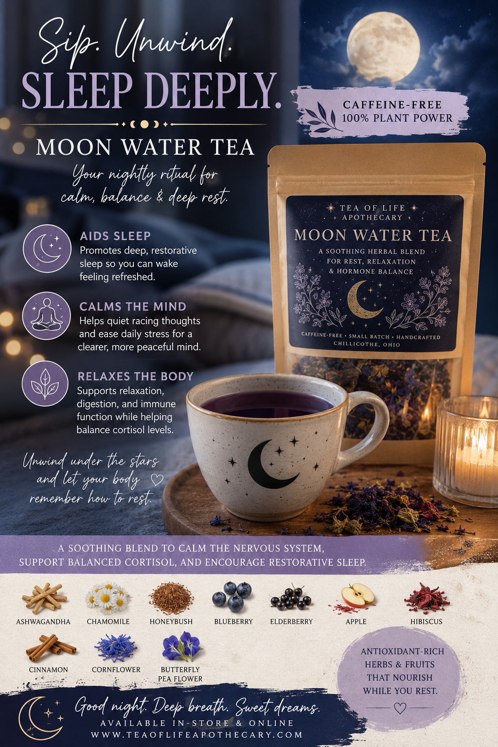 Tea of Life Apothecary Moon Water Tea packaging and a cup of the tea displayed on a wooden surface with a lit candle, set against a dark blue moonlit background with text overlays describing its sleep-promoting benefits.