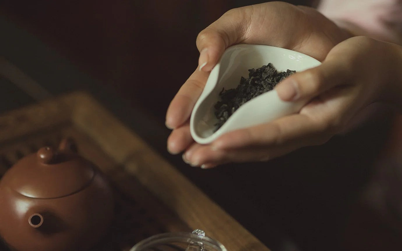 Person holding a small white dish with tea leaves next to a teapot on a wooden surface.