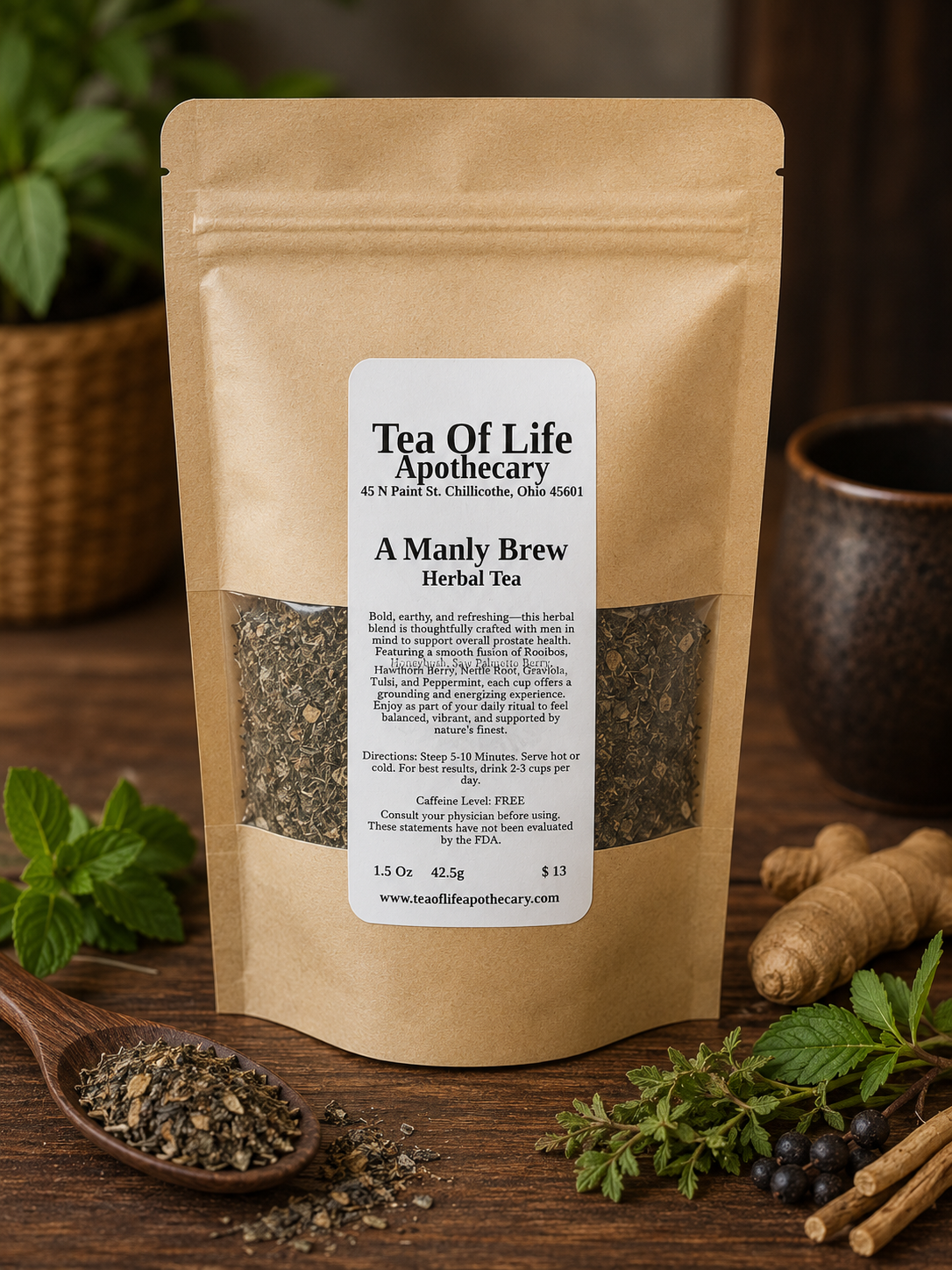 A Manly Brew Herbal Tea by Tea of Life Apothecary displayed in a rustic herbal setting with rooibos, saw palmetto berry, hawthorn berry, nettle root, tulsi, and peppermint designed to support men’s prostate health and vitality.