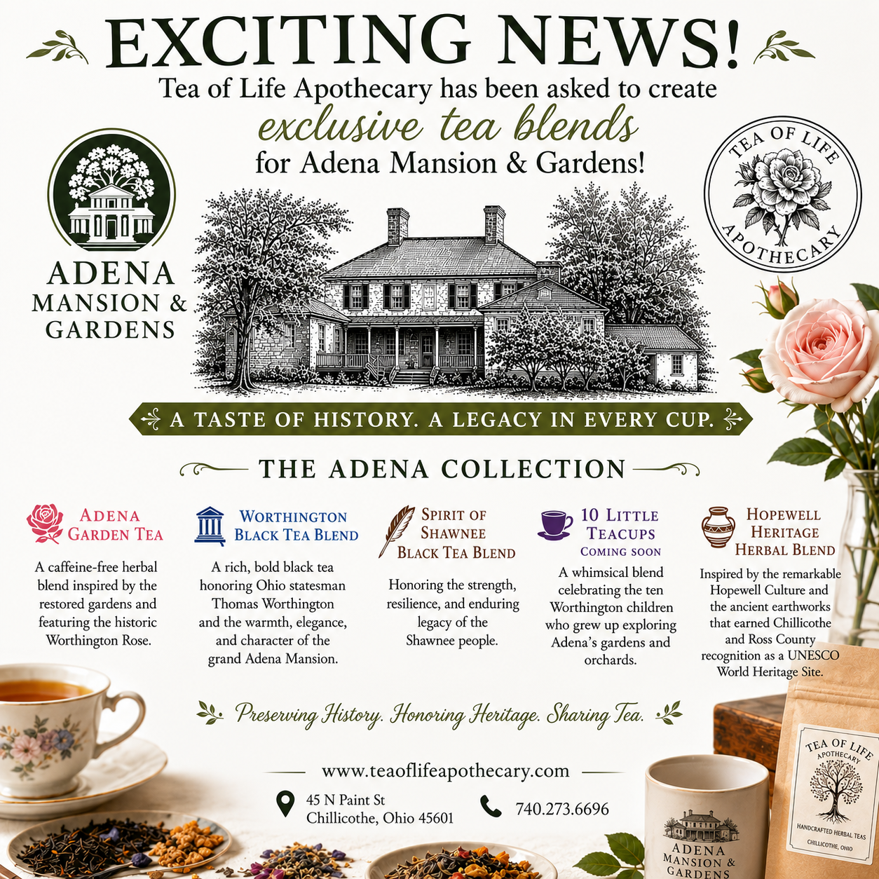 The Adena Collection handcrafted by Tea of Life Apothecary featuring Adena Garden Tea, Worthington Black Tea Blend, 10 Little Teacups, and Spirit of Shawnee Black Tea displayed in front of Adena Mansion & Gardens in Chillicothe, Ohio. Exclusive Ohio heritage teas available at the Adena Mansion Gift Shop and Tea of Life Apothecary.