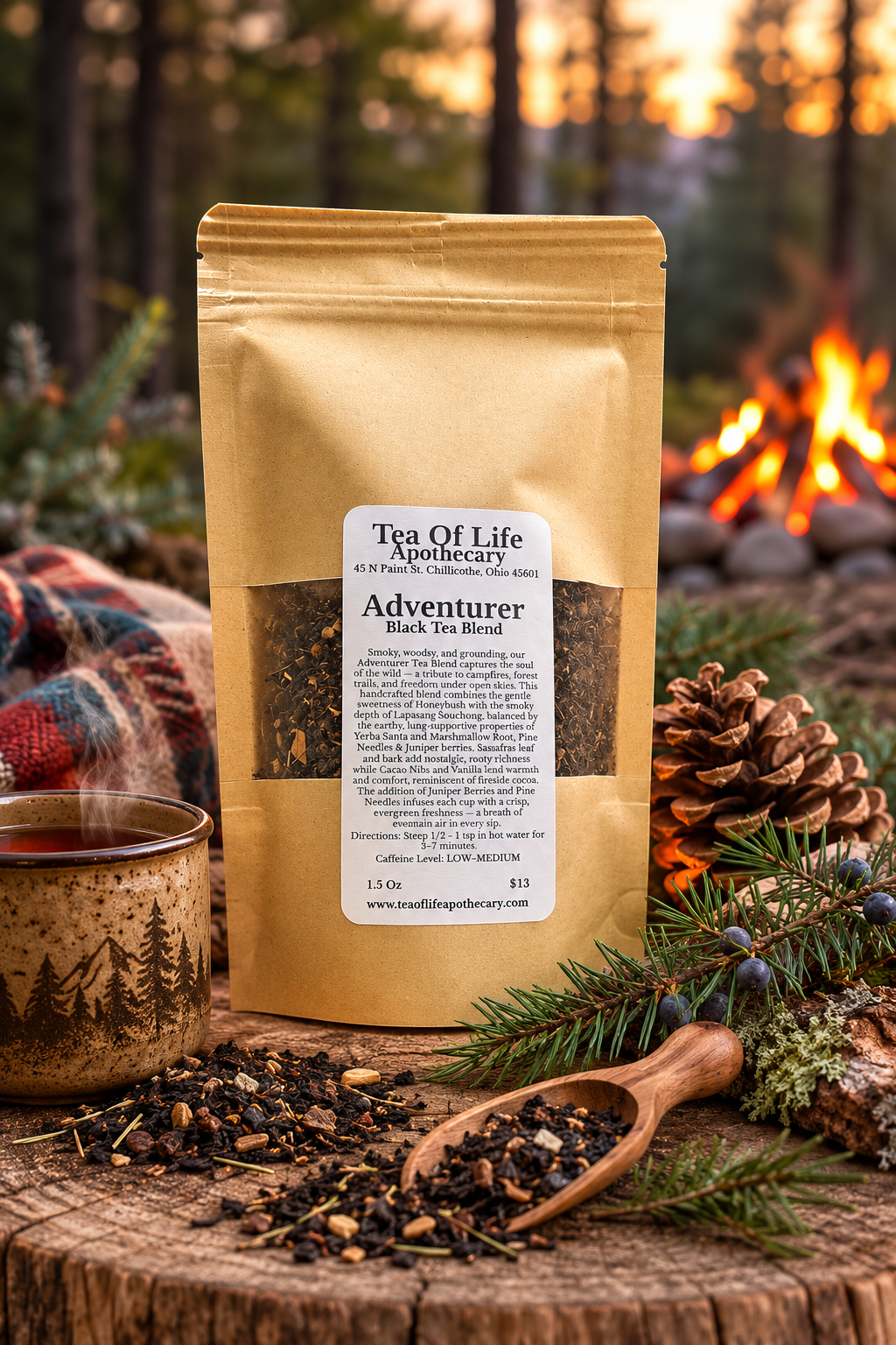 Tea of Life Apothecary Adventurer Black Tea in a rustic kraft pouch with pine branches, pinecones, loose tea, and a steaming mug, set in front of a softly blurred forest campfire scene. Smoky black tea blend inspired by the outdoors and campfire evenings.