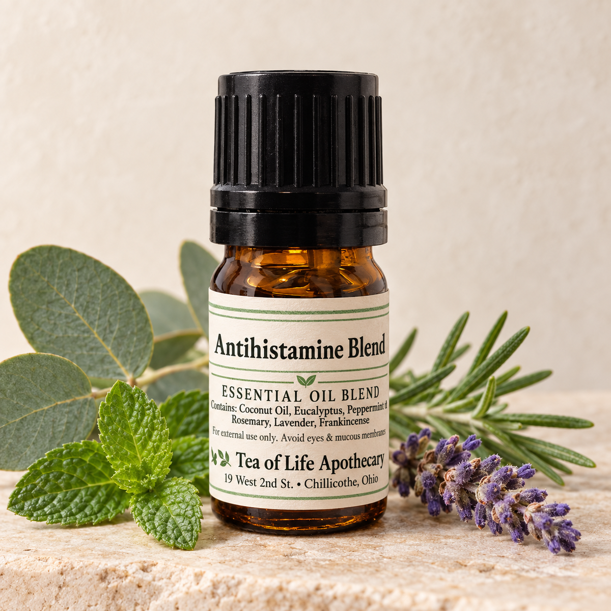 Tea of Life Apothecary Antihistamine Essential Oil Blend in a 5 mL amber bottle with eucalyptus, peppermint, rosemary and lavender botanicals.