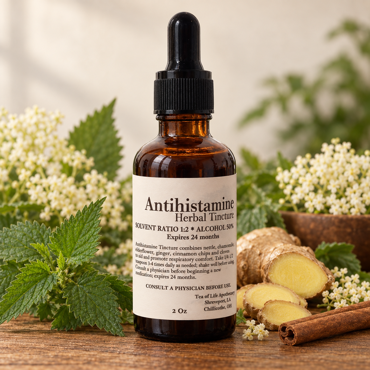 Antihistamine Herbal Tincture by Tea of Life Apothecary in a 2-ounce amber dropper bottle, displayed with nettle, elderflower, ginger, and cinnamon.
