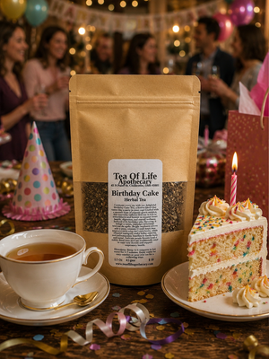 Tea of Life Apothecary Birthday Cake Herbal Tea in a kraft pouch with a steaming cup of herbal tea, a slice of birthday cake with sprinkles and a candle, and a festive birthday party with balloons and streamers in the background.