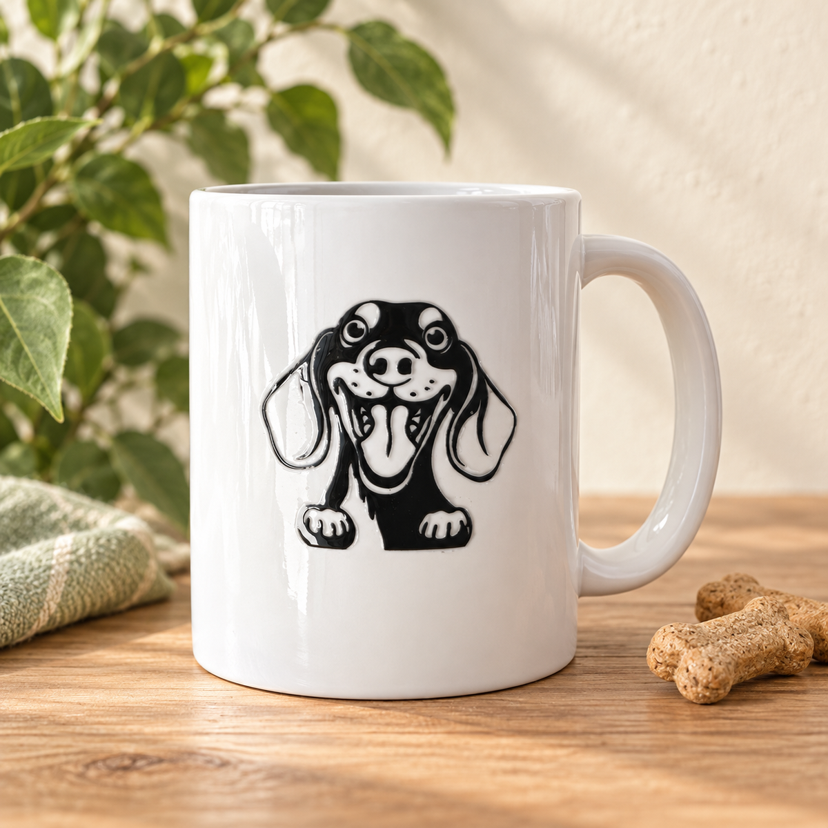 White ceramic coffee mug featuring a playful black-and-white floppy-eared dog design.