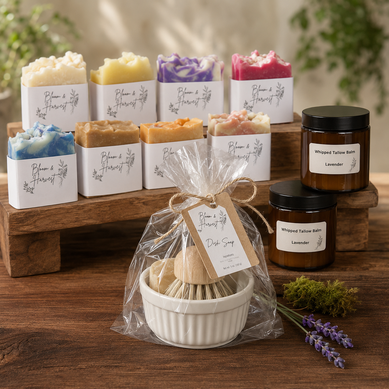 Bloom and Harvest collection featuring colorful handmade soap bars, lavender whipped tallow balm, and a packaged solid dish soap set with ceramic bowl and wooden brush.