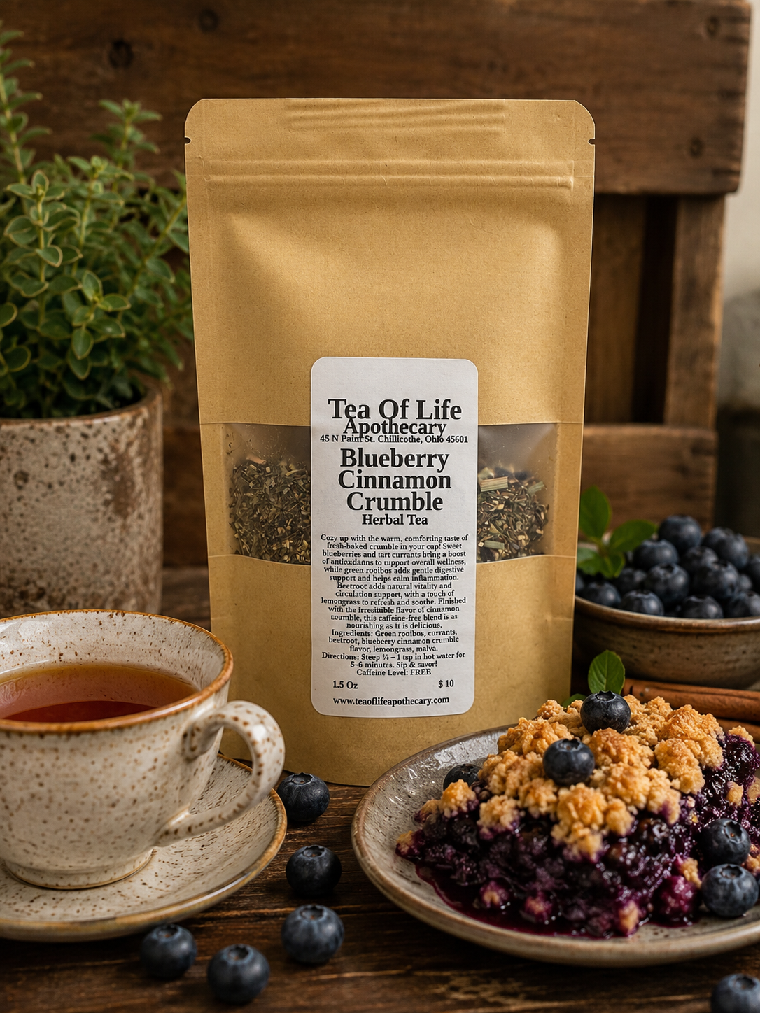 Tea of Life Apothecary Blueberry Cinnamon Crumble Herbal Tea in a kraft pouch with a steaming cup of herbal tea, a homemade blueberry cinnamon crumble dessert on a plate, and fresh blueberries scattered across a rustic wooden table.