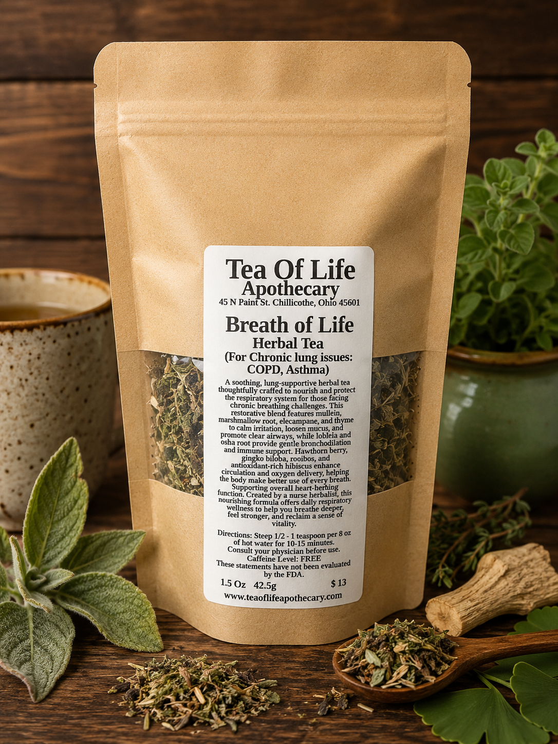 Breath of Life Herbal Tea by Tea of Life Apothecary displayed with respiratory-support herbs, a warm cup of tea, and rustic wellness props in a natural apothecary setting.