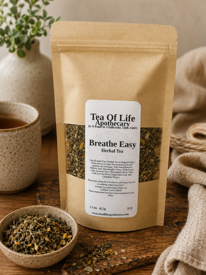Breathe Easy Herbal Tea by Tea of Life Apothecary displayed in a cozy rustic setting with loose herbs, ceramic tea cup, and warm natural lighting to highlight respiratory and lung support herbal wellness tea.