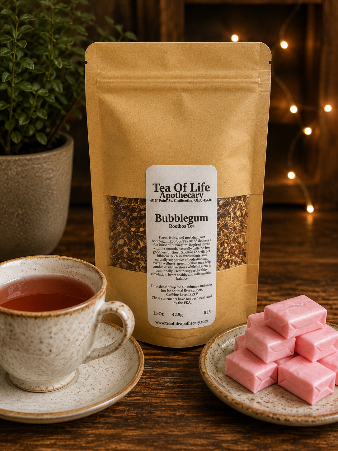 A stand-up kraft pouch of Tea Of Life Apothecary Bubblegum Blended Tea stands on a wooden table, with a cup of tea on a saucer at left and pink bubblegum candies on a small plate at right. Warm string lights and a plant are softly blurred in the background.