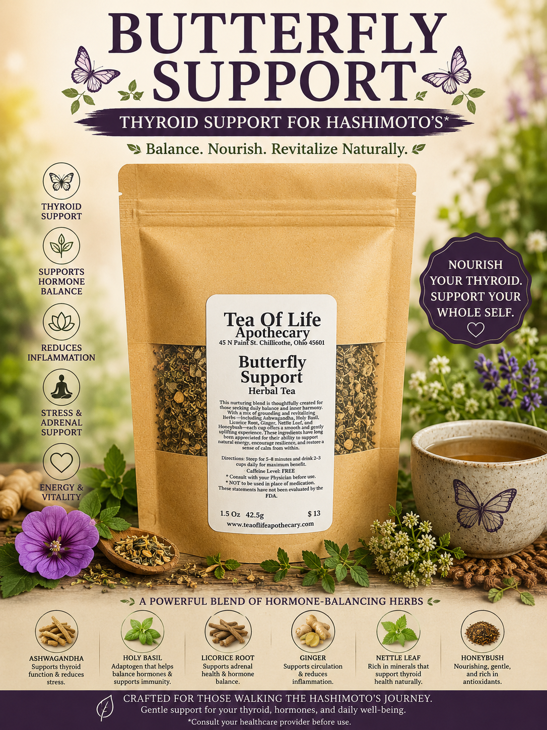 Butterfly Support Herbal Tea by Tea of Life Apothecary displayed with calming herbs, butterfly imagery, ginger, holy basil, and a warm cup of herbal tea in a peaceful wellness setting.