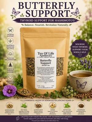 Butterfly Support Herbal Tea by Tea of Life Apothecary displayed with calming herbs, butterfly imagery, ginger, holy basil, and a warm cup of herbal tea in a peaceful wellness setting.