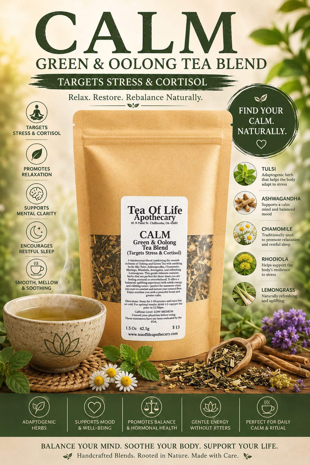 Calm Green and Oolong Tea Blend by Tea of Life Apothecary displayed with calming herbs, chamomile flowers, and a soothing tea cup in a peaceful wellness-inspired setting.