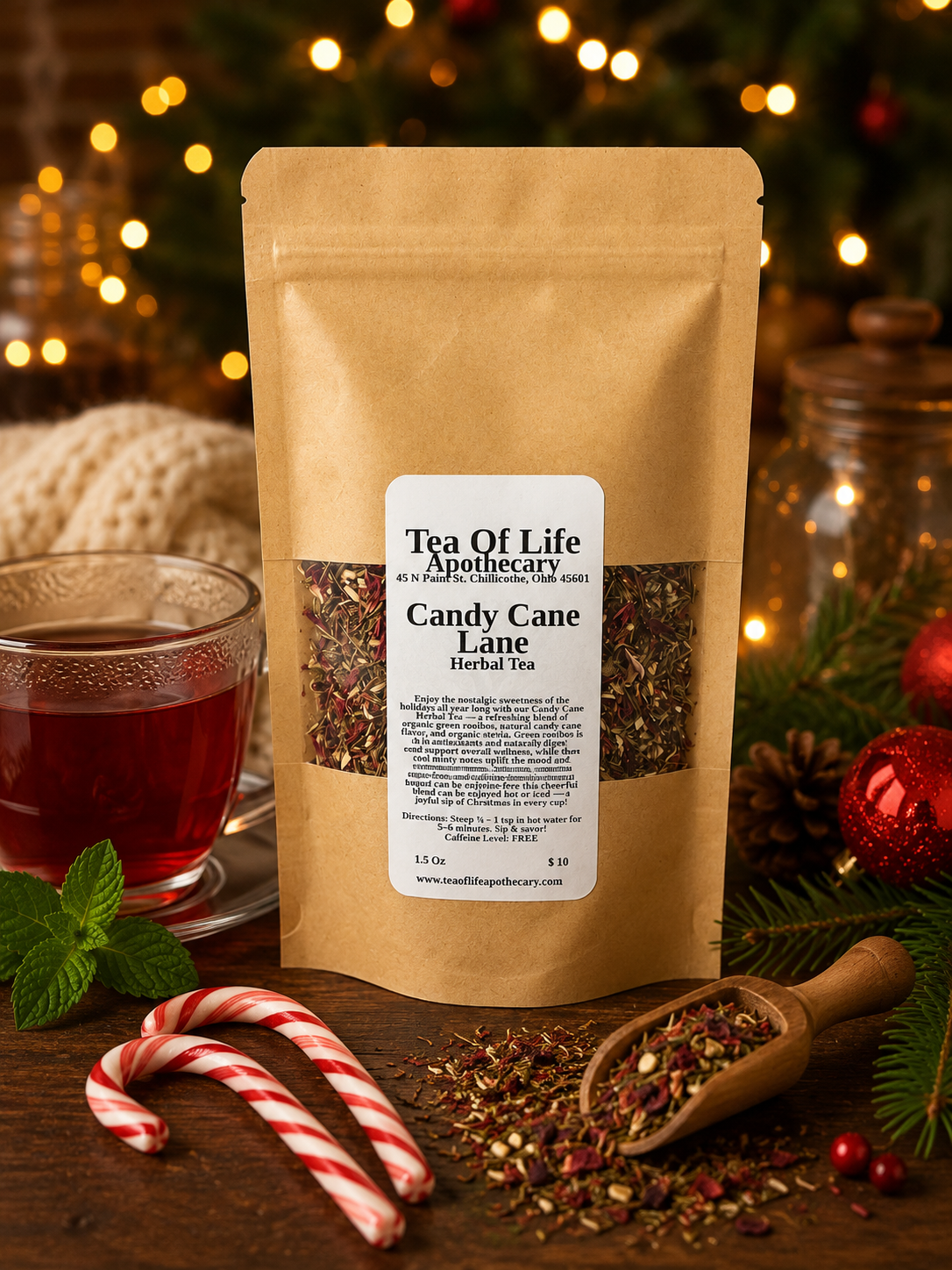 Tea of Life Apothecary Candy Cane Lane Herbal Tea displayed with peppermint leaves, candy canes, loose green rooibos tea, and a warm cup of ruby-red herbal tea on a rustic wooden table. Soft Christmas lights and evergreen branches create a festive holiday setting for this naturally caffeine-free peppermint herbal tea blend.