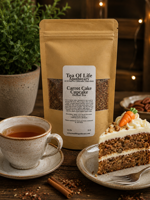 A stand-up kraft pouch of Tea Of Life Apothecary Carrot Cake Cupcake Herbal Tea stands on a wooden table beside a cup of tea, a slice of carrot cake on a plate, cinnamon sticks, and a potted plant. The pouch has a white label with black text and two clear windows showing the tea and loose botanicals inside.