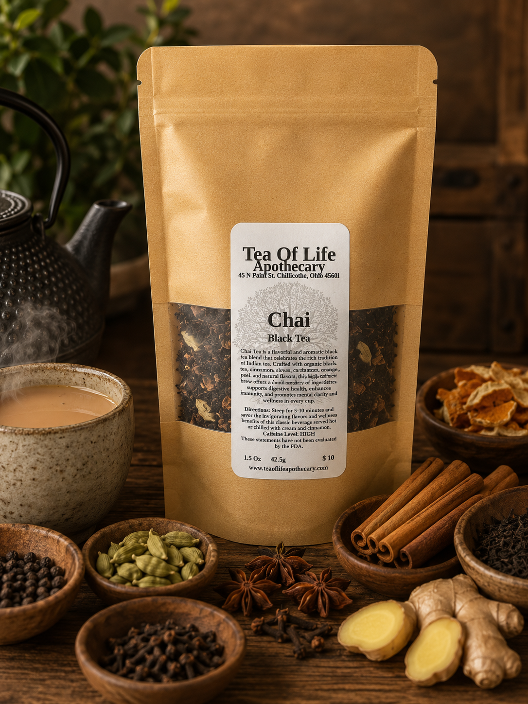 Tea of Life Apothecary Chai Black Tea displayed with traditional chai spices including cinnamon sticks, cardamom pods, cloves, black peppercorns, fresh ginger, star anise, orange peel, loose black tea, a steaming cup of chai, and a cast iron teapot on a rustic wooden table.
