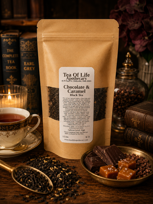 Tea of Life Apothecary Chocolate & Caramel Black Tea displayed with rich dark chocolate, buttery caramel candies, loose black tea leaves, and a steaming cup of black tea on a rustic wooden table. This dessert-inspired gourmet black tea blend delivers indulgent chocolate and caramel flavors in a smooth, comforting cup perfect for an afternoon treat or evening relaxation.