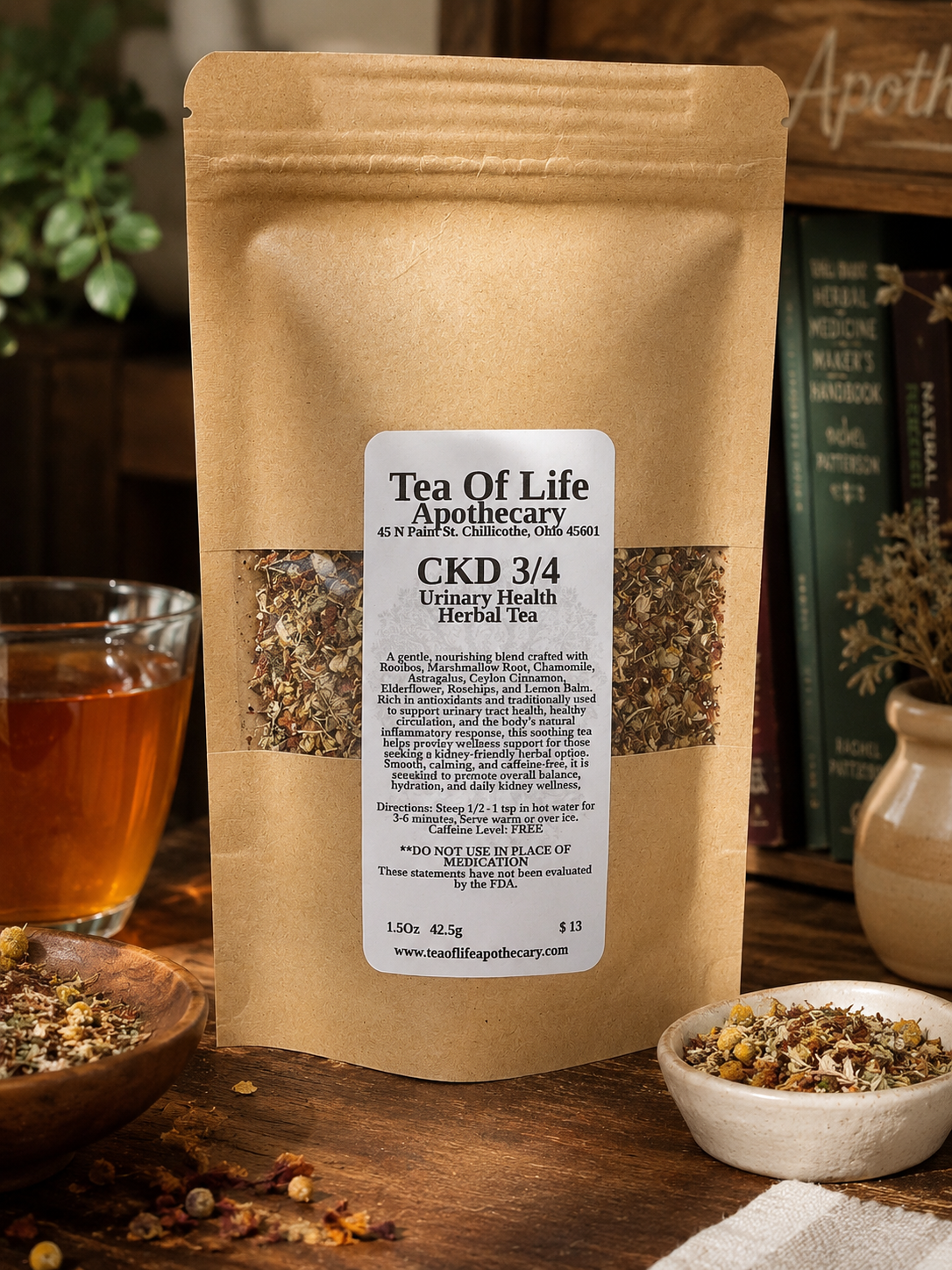 "Tea of Life Apothecary CKD 3/4 Urinary Health Herbal Tea displayed in a rustic apothecary setting with a brewed cup of tea and loose herbs. This caffeine-free herbal blend contains rooibos, marshmallow root, chamomile, astragalus, Ceylon cinnamon, elderflower, rosehips, and lemon balm to support kidney wellness, urinary tract health, hydration, and overall wellness."