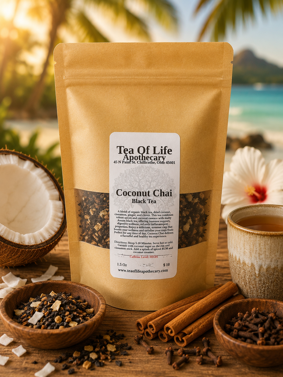 Tea of Life Apothecary Coconut Chai Black Tea displayed with fresh coconut, cinnamon sticks, whole cloves, loose leaf black tea, and a warm cup of chai on a rustic wooden table with a softly blurred tropical beach backdrop, highlighting the rich island-inspired flavors of this aromatic tea blend.