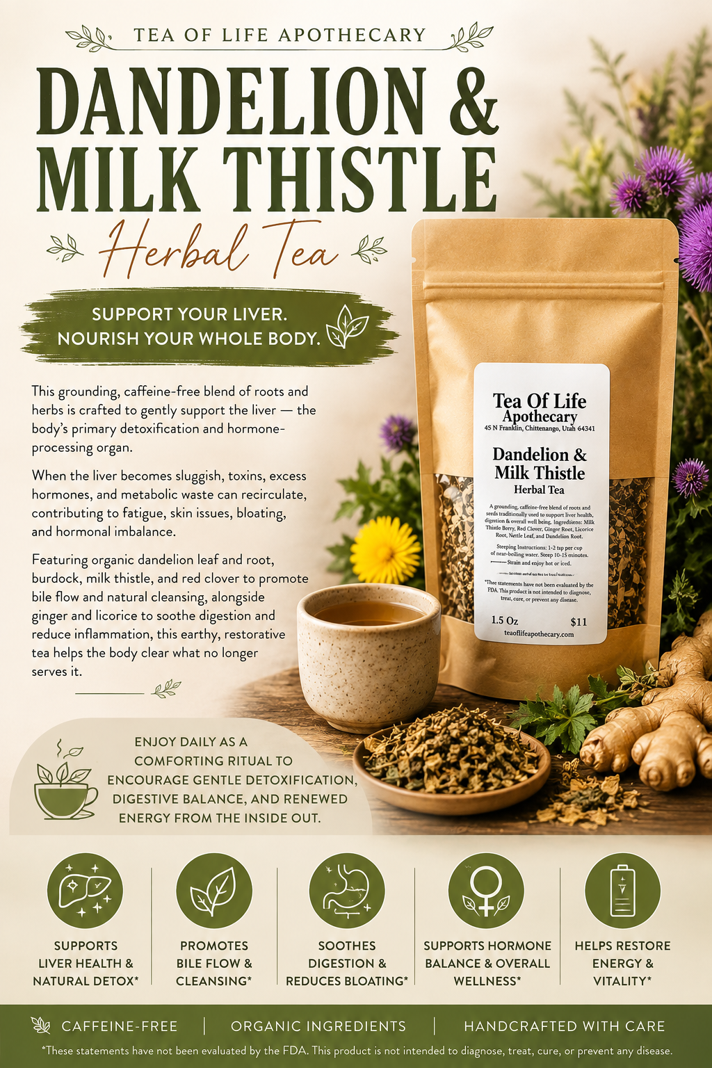 Tea of Life Apothecary Dandelion & Milk Thistle Herbal Tea in a kraft paper pouch, displayed with fresh dandelion roots, milk thistle flowers, and green leaves on a white background with informational text.