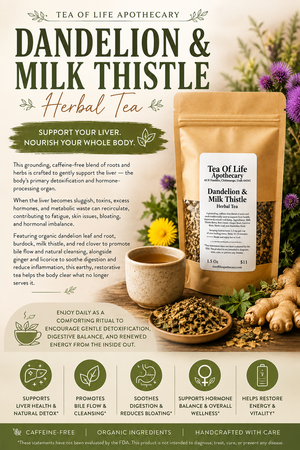 Tea of Life Apothecary Dandelion & Milk Thistle Herbal Tea in a kraft paper pouch, displayed with fresh dandelion roots, milk thistle flowers, and green leaves on a white background with informational text.