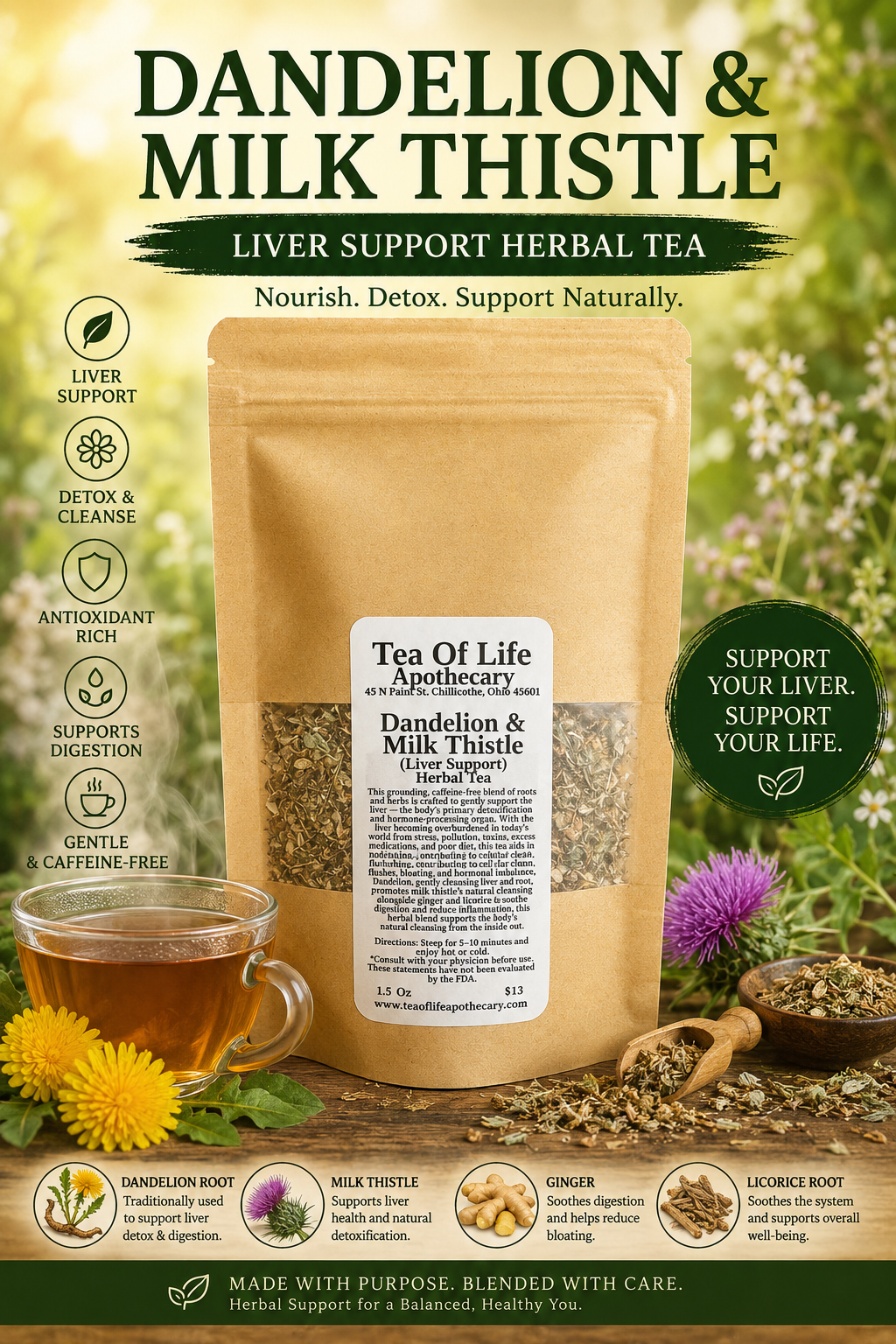 Dandelion and Milk Thistle Liver Support Herbal Tea by Tea of Life Apothecary displayed with dandelion flowers, milk thistle, herbal ingredients, and a warm cup of detox tea in a natural wellness setting.