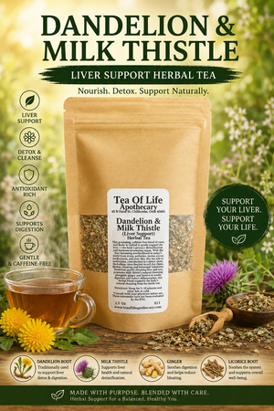 Dandelion and Milk Thistle Liver Support Herbal Tea by Tea of Life Apothecary displayed with dandelion flowers, milk thistle, herbal ingredients, and a warm cup of detox tea in a natural wellness setting.