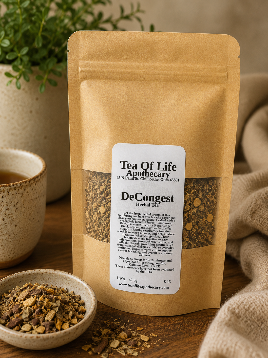 DeCongest Herbal Tea by Tea of Life Apothecary displayed in a cozy rustic setting with loose herbal ingredients, ceramic tea cup, and warm natural lighting to highlight respiratory, sinus, and congestion support.
