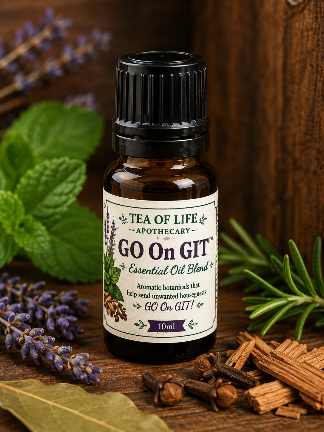Tea of Life Apothecary GO On GIT Essential Oil Blend, a 10ml aromatic botanical blend designed to refresh GO On GIT sachets for use around the home.