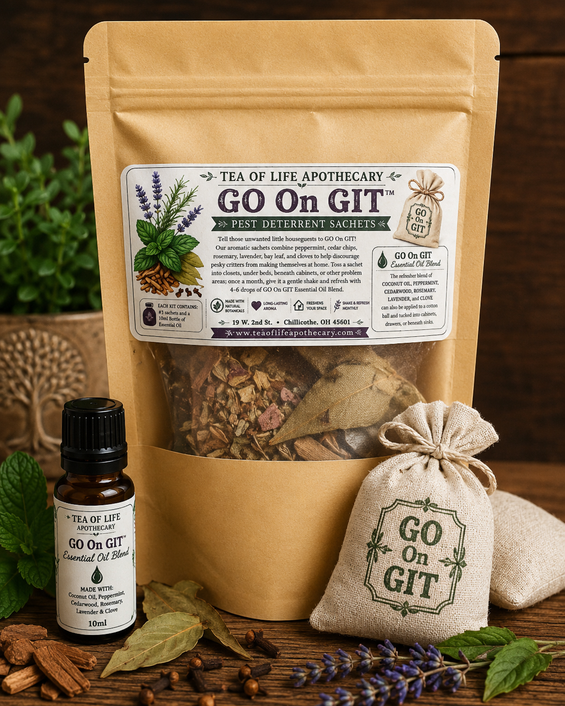 Tea of Life Apothecary GO On GIT Pest Deterrent Sachet & Oil Kit featuring botanical sachets and a 10ml essential oil refresher blend made with aromatic herbs and essential oils.