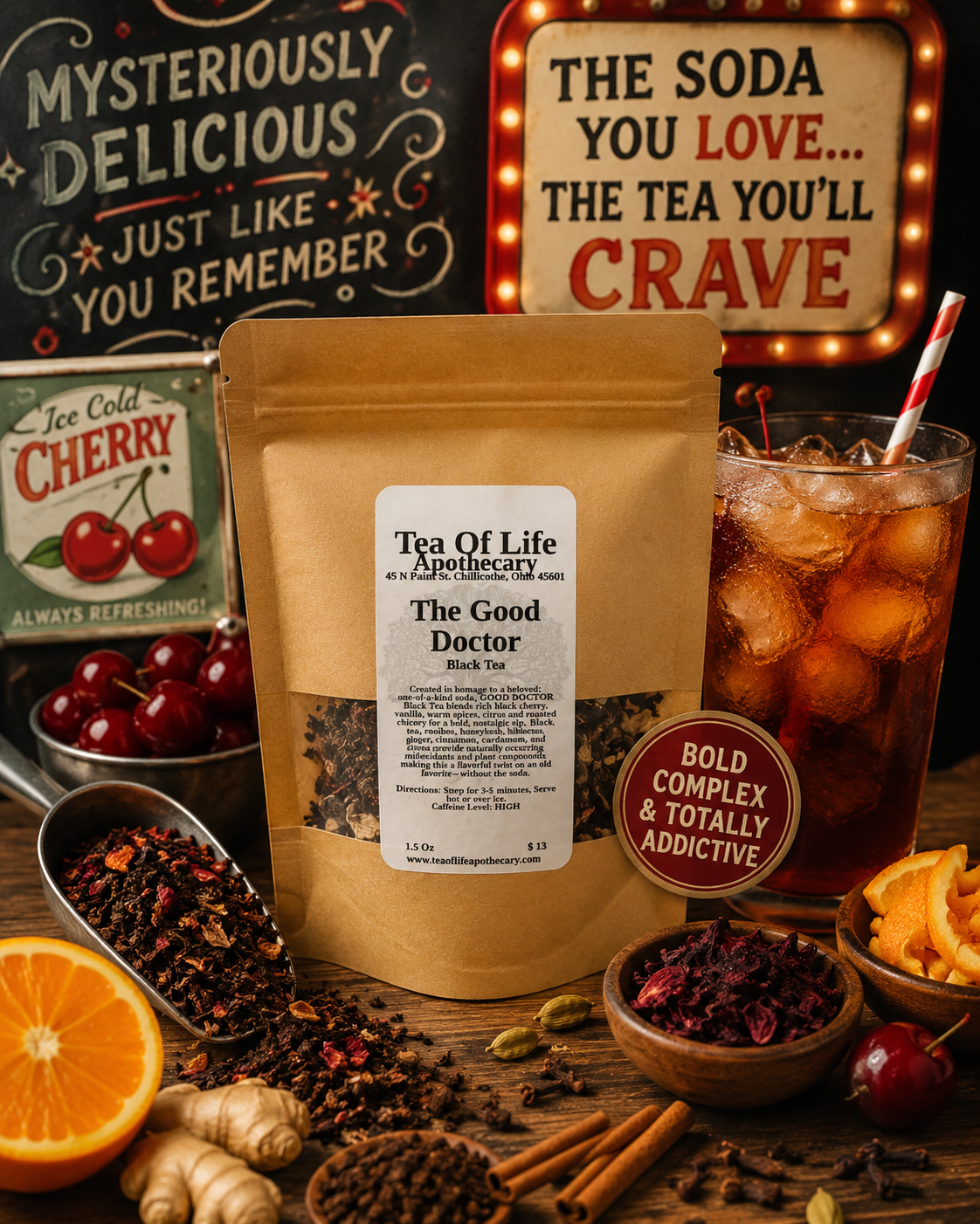 The Good Doctor Black Tea by Tea of Life Apothecary, a bold black cherry and spiced tea blend with rooibos, honeybush, chicory, orange peel, hibiscus, vanilla, ginger, cinnamon, cardamom and cloves.