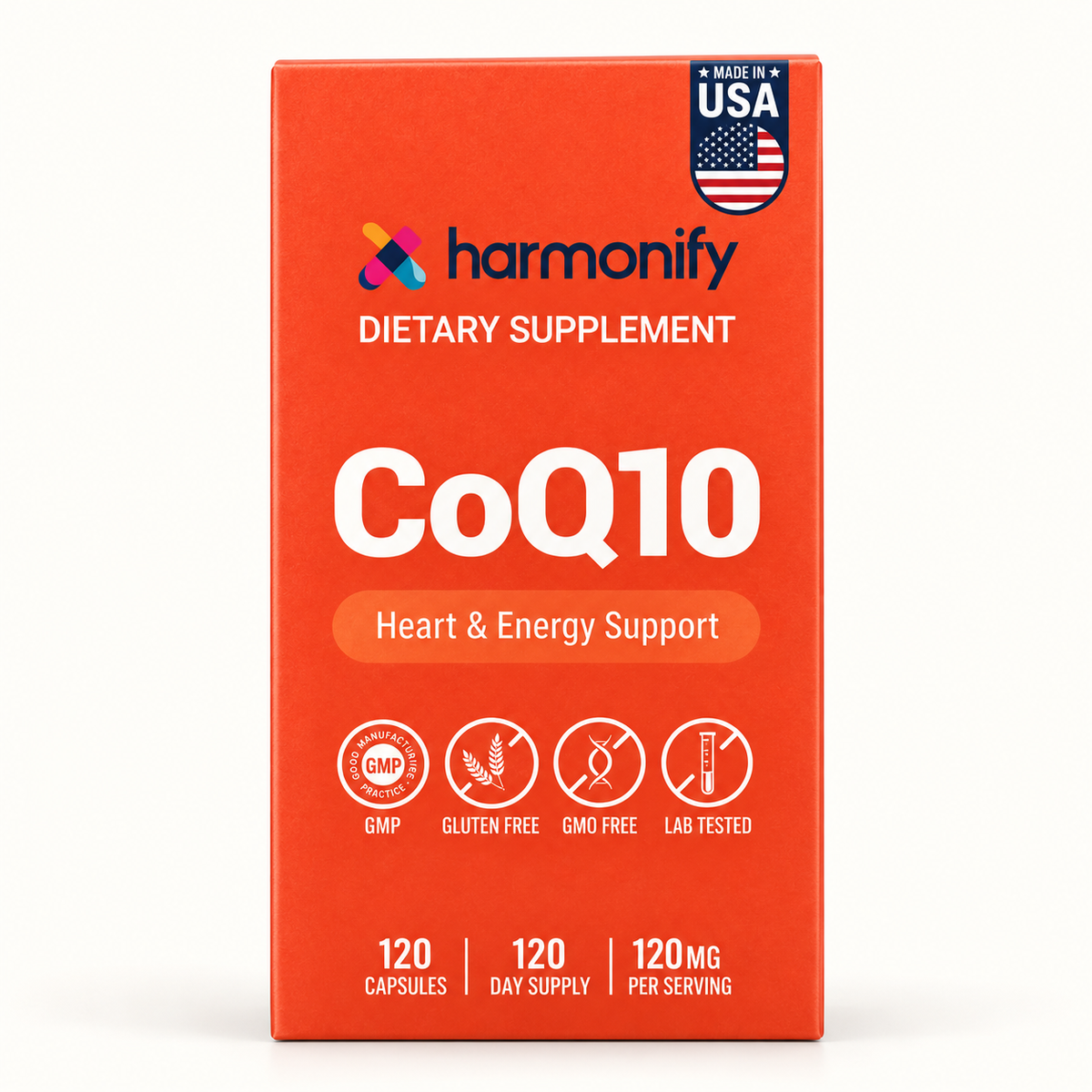 Harmonify CoQ10 120 mg supplement, 120 capsules, in orange packaging on a white background at Tea of Life Apothecary.