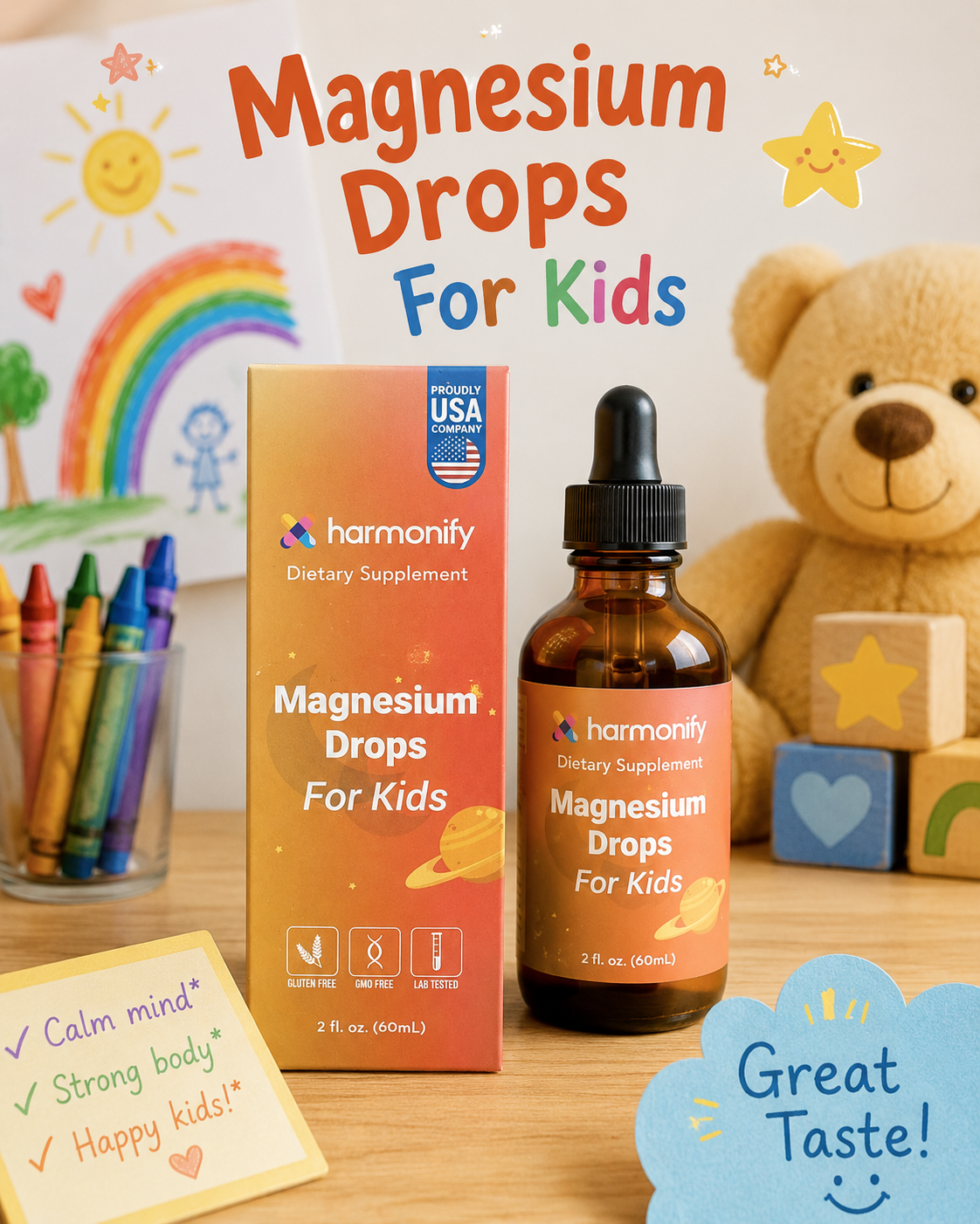 Kids Magnesium Drops with magnesium glycinate, L-theanine, chamomile, passionflower, and soursop. Easy-to-use liquid supplement for daily wellness support.