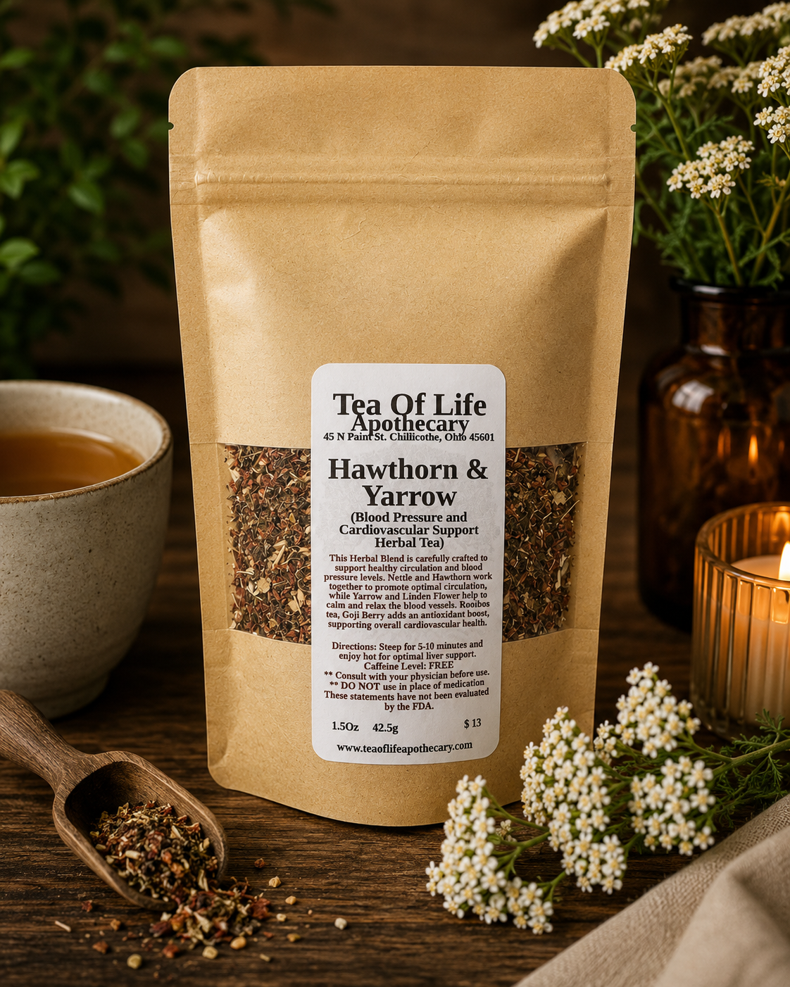 Hawthorn and Yarrow Herbal Tea by Tea of Life Apothecary displayed in a rustic apothecary setting with yarrow flowers, loose leaf herbs, candlelight, and a warm cup of tea designed to support healthy circulation, blood pressure balance, and cardiovascular wellness.