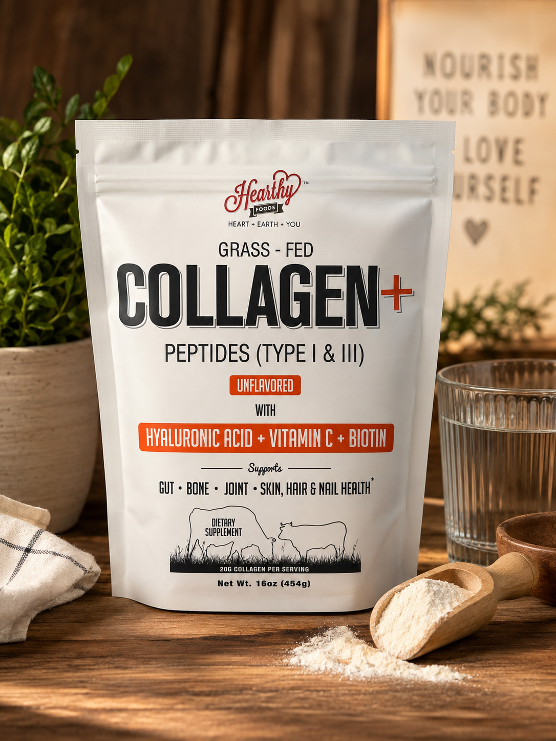 Hearthy Foods Grass-Fed Collagen+ Peptides Type I & III with hyaluronic acid, vitamin C and biotin, an unflavored collagen supplement supporting skin, hair, nails, joints, bones and gut health.
