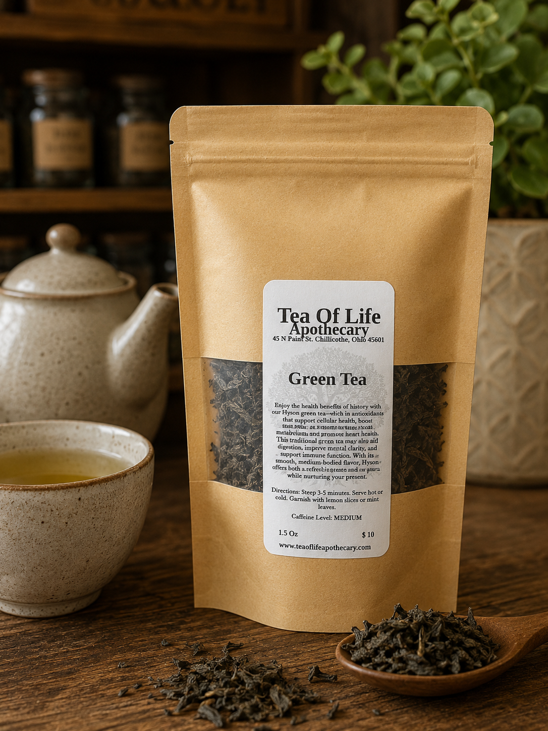 Tea of Life Apothecary Hyson Green Tea in a resealable kraft pouch displayed with loose green tea leaves and a freshly brewed cup of tea on a rustic wooden table. This premium loose-leaf green tea offers a smooth, refreshing flavor and is naturally rich in antioxidants that support daily wellness, mental clarity, and cellular health.
