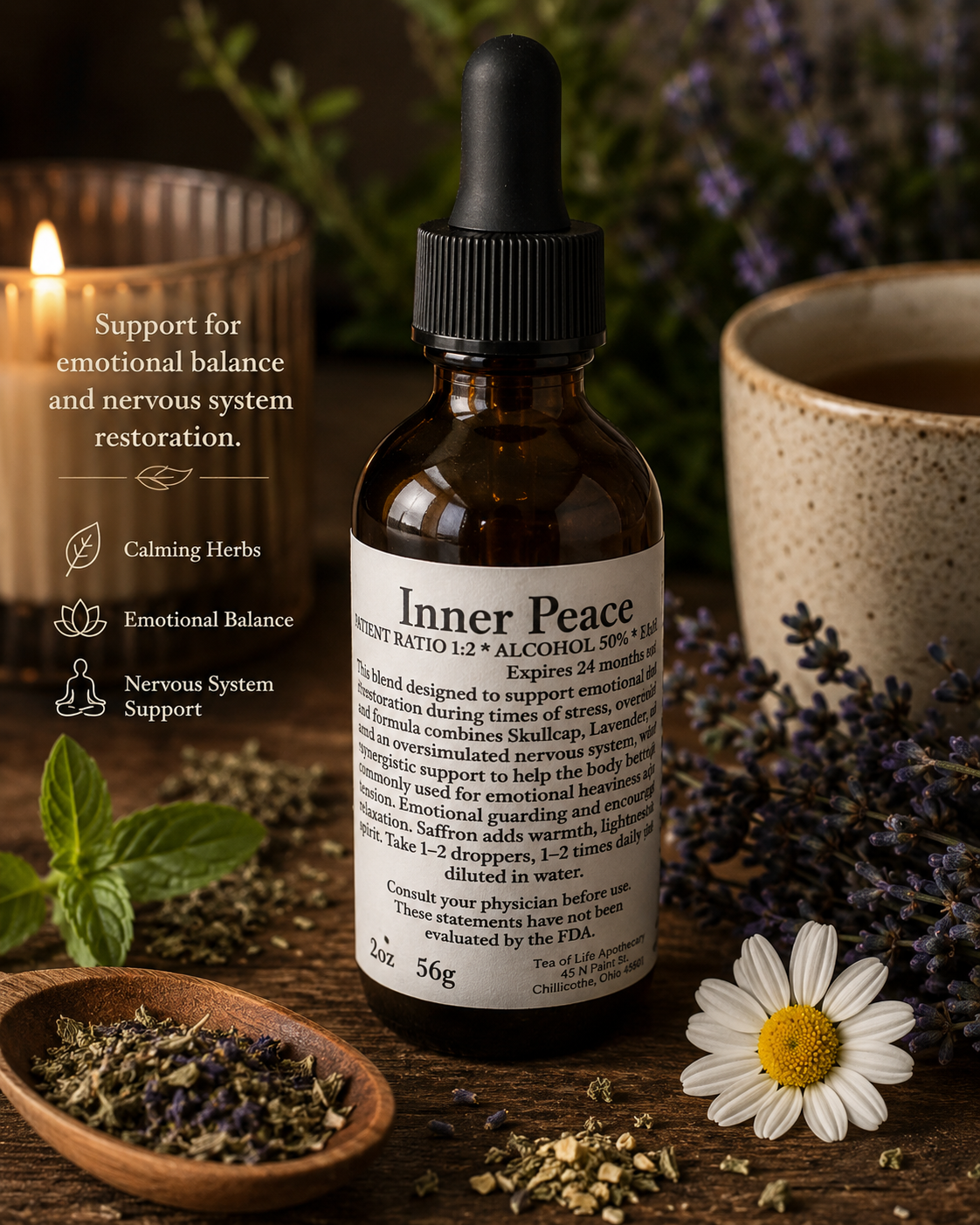 Inner Peace herbal tincture by Tea of Life Apothecary displayed in a calming rustic setting with lavender, calming herbs, candlelight, and tea to support emotional balance, stress relief, and nervous system restoration.