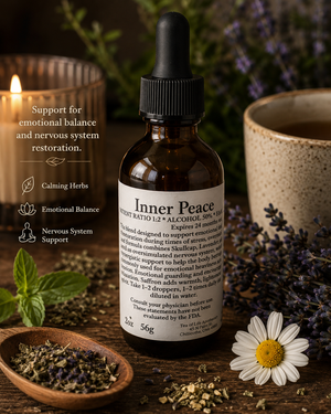 Inner Peace herbal tincture by Tea of Life Apothecary displayed in a calming rustic setting with lavender, calming herbs, candlelight, and tea to support emotional balance, stress relief, and nervous system restoration.