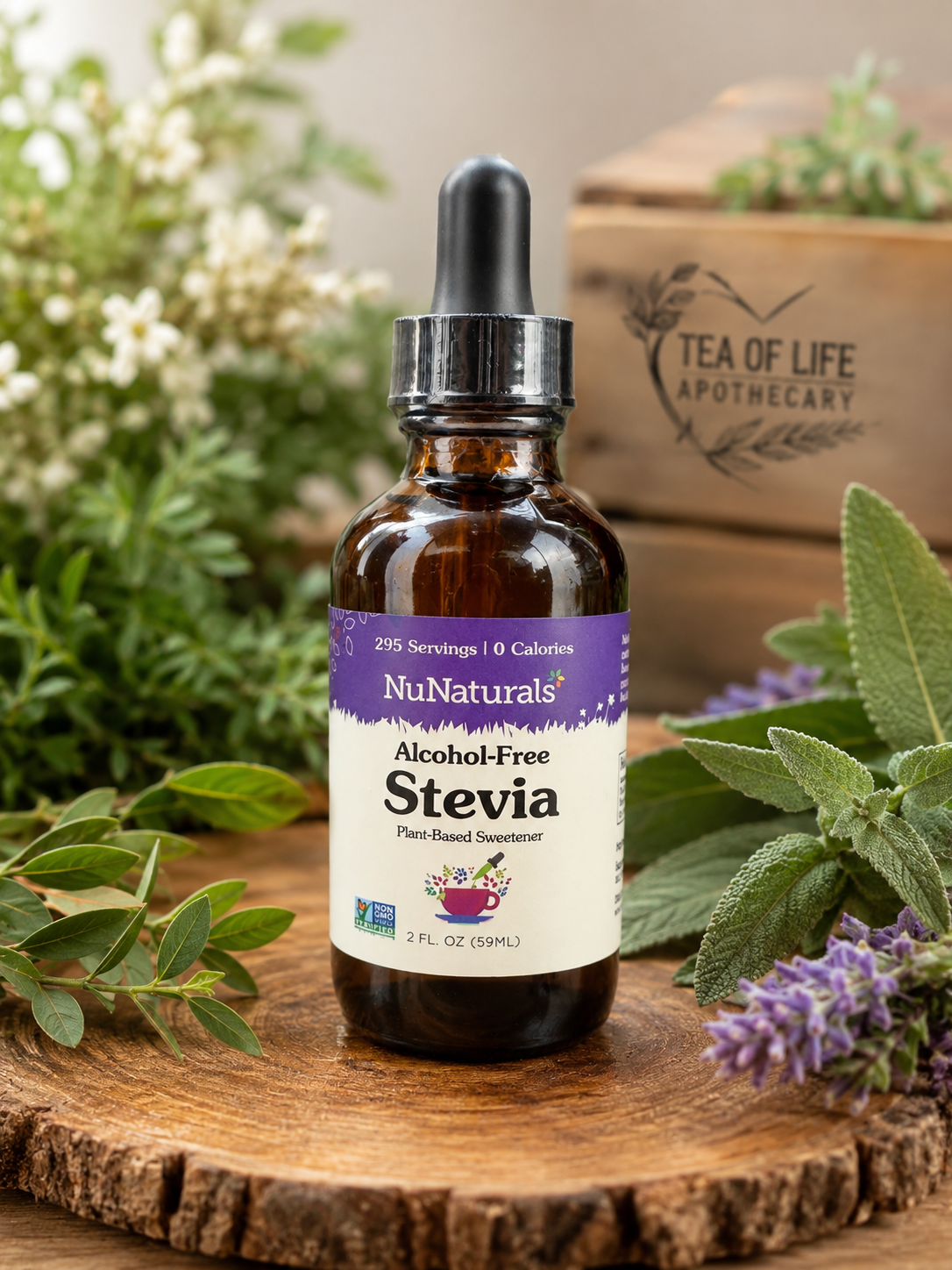NuNaturals Alcohol-Free Liquid Stevia sweetener in an amber glass dropper bottle, photographed in a rustic herbal apothecary setting for Tea of Life Apothecary.