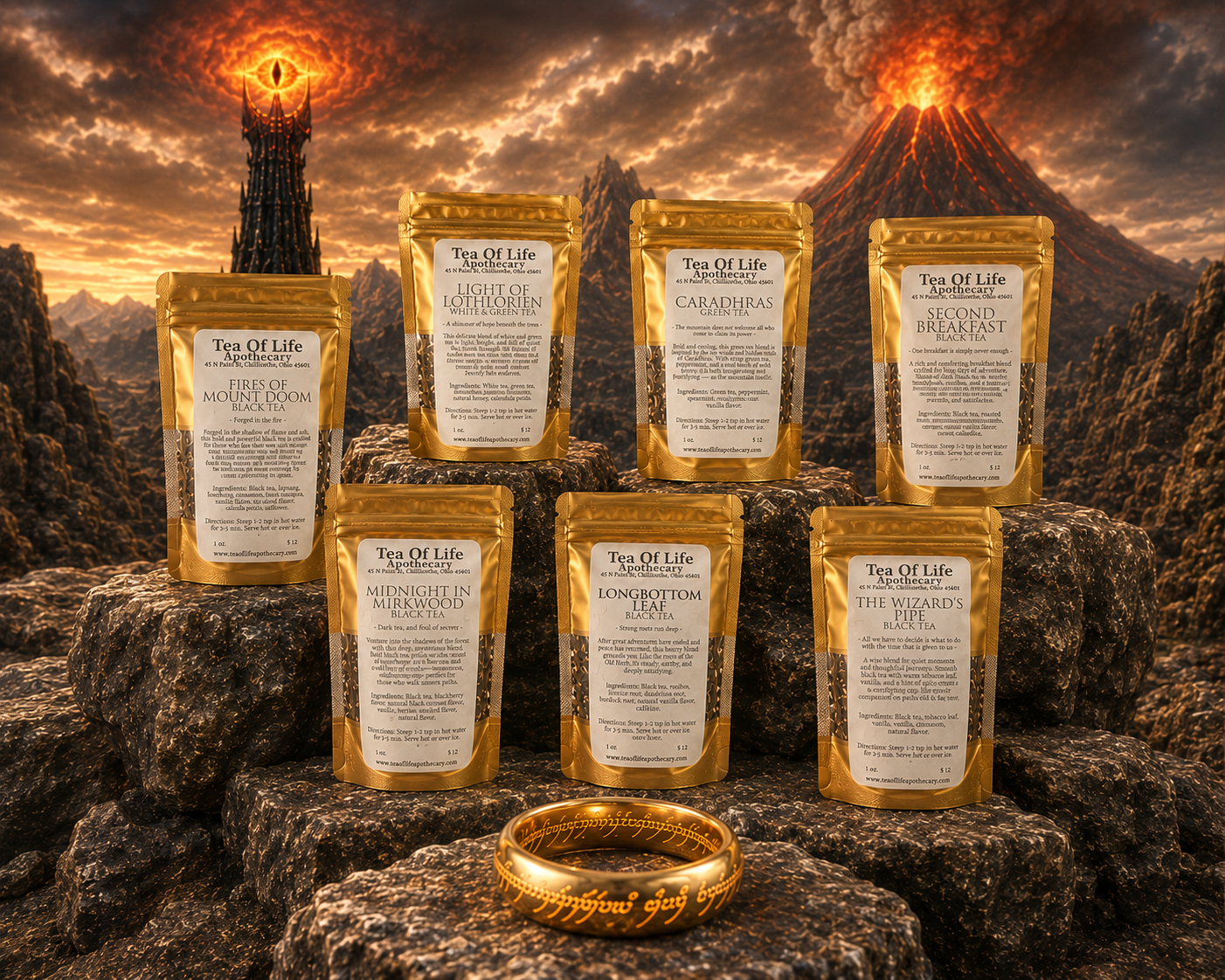 Limited-edition Middle-Earth inspired tea collection from Tea of Life Apothecary featuring seven fantasy-themed tea blends displayed on stone formations with a glowing ring in the foreground, a volcanic mountain, and a watchful fiery eye in the background. Perfect for fantasy tea lovers, collectors, and themed events.