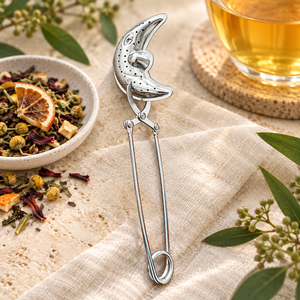 Stainless-steel tea steeper pictured with Midnight Margarita loose-leaf tea and a cup of freshly brewed herbal tea. A simple way to steep your favorite loose-leaf blends.