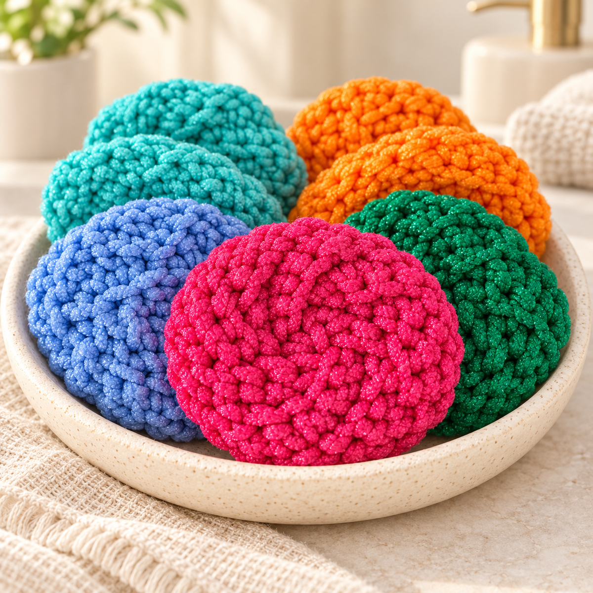 Colorful handmade 100% nylon facial scrubbies by Momma J, arranged in a cream woven basket.