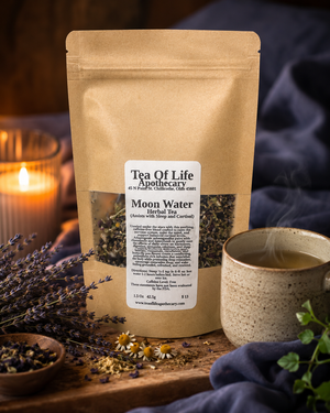 Moon Water Herbal Tea by Tea of Life Apothecary displayed beside a warm cup of tea, lavender, and calming herbs in a cozy nighttime setting designed to promote relaxation, better sleep, and cortisol balance.